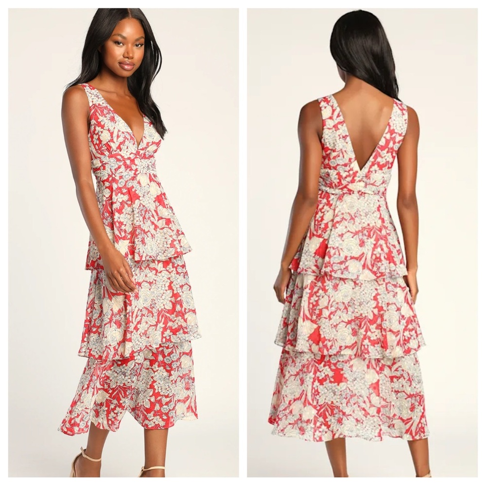 Lulu’s Tier Comes the Sun Red Floral Print Tiered Midi Dress